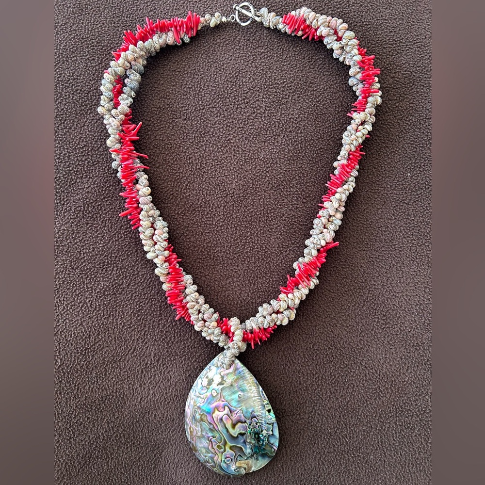 Genuine Coral and Detachable Mother Of Pearl Pendant Necklace